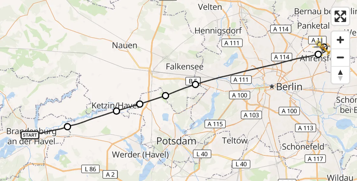 Flugroute Rettungshubschrauber Brandenburg an der Havel - Ahrensfelde Hubschrauberlandeplatz, 26 Mai 2026, 09:16