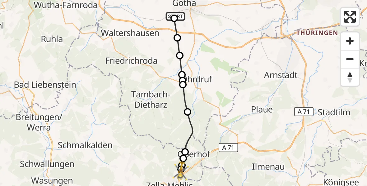 Flugroute Rettungshubschrauber Helios Clinic Gotha - Zella-Mehlis, 26 Mai 2026, 09:18