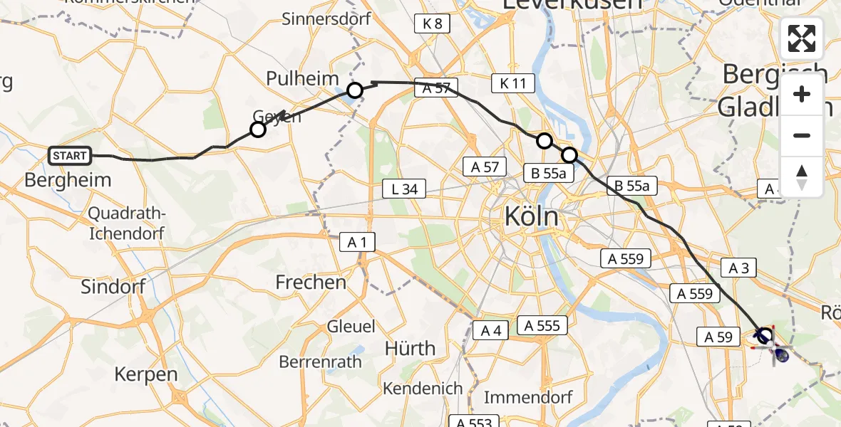 Flugroute Polizeihubschrauber Bergheim - Köln Bonn Flughafen, 26 Mai 2026, 09:21