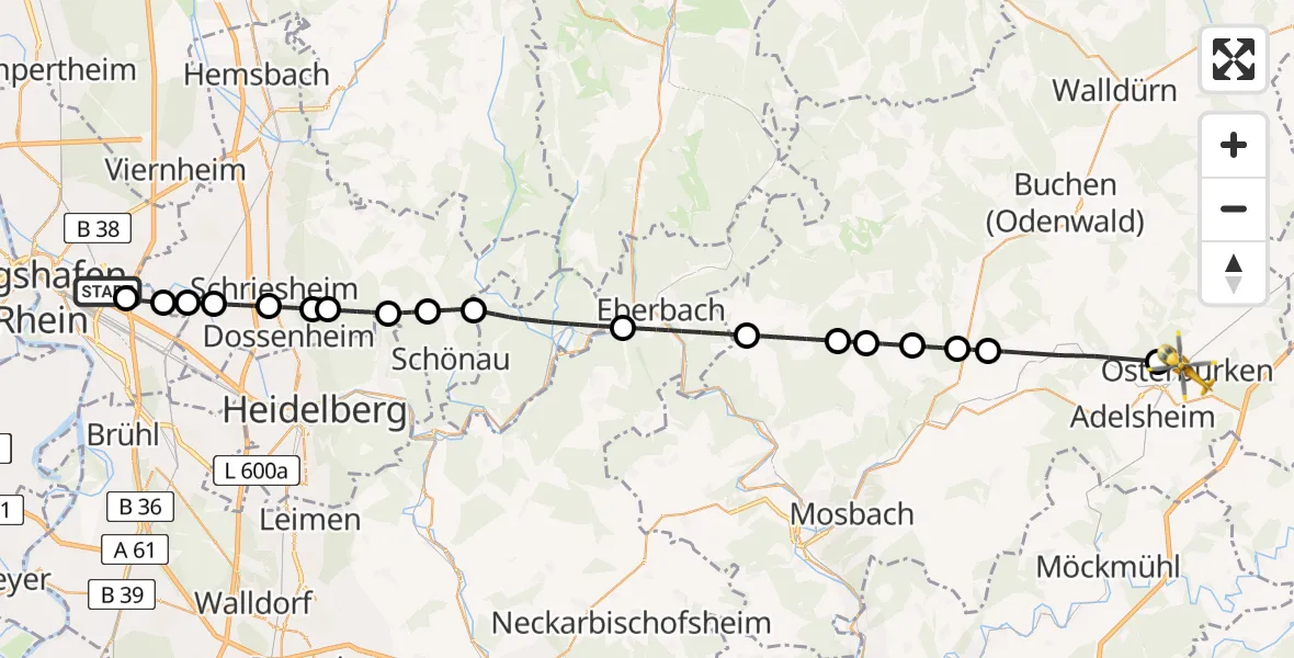 Flugroute Rettungshubschrauber Mannheim-City Flughafen - Osterburken, 26 Mai 2026, 09:25