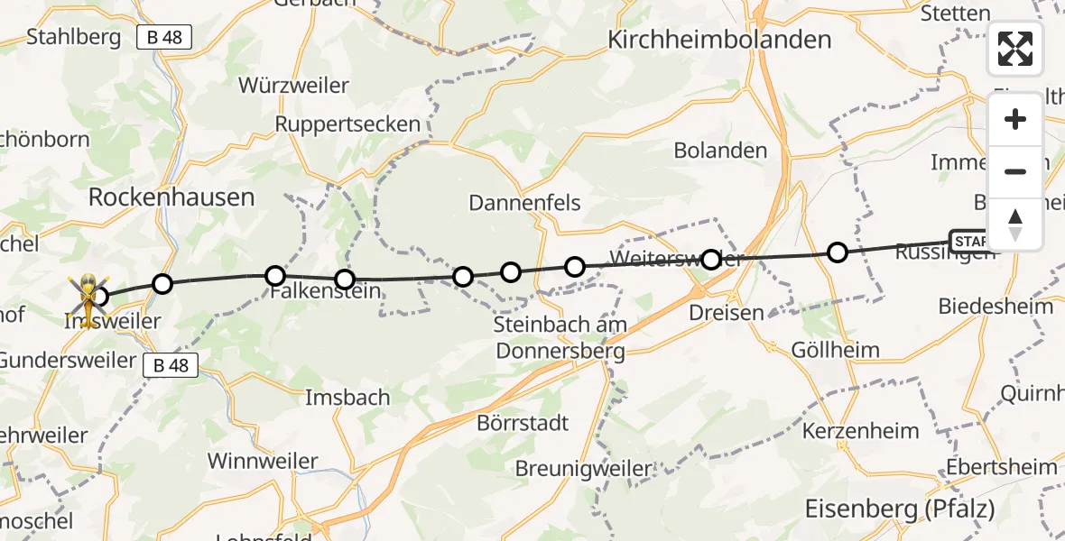 Flugroute Rettungshubschrauber Rüssingen - Imsweiler UL, 26 Mai 2026, 09:25