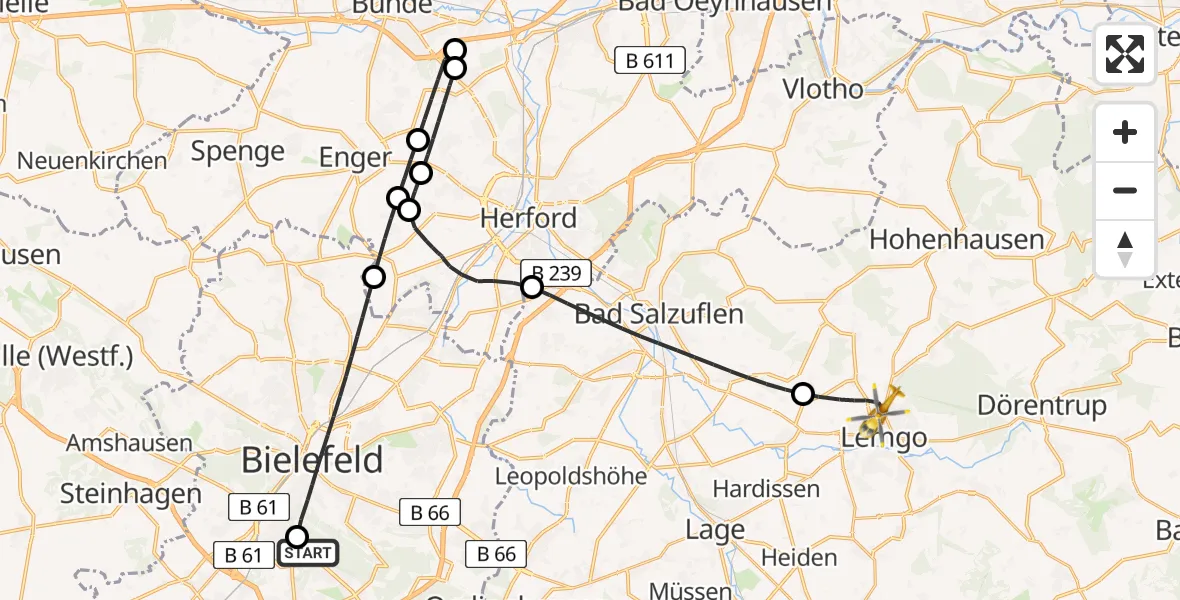 Flugroute Rettungshubschrauber Luftrettungszentrum Bielefeld - Lemgo, 26 Mai 2026, 09:29