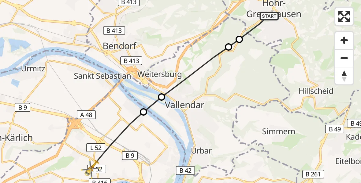 Flugroute Rettungshubschrauber Höhr-Grenzhausen - Koblenz, 26 Mai 2026, 09:29