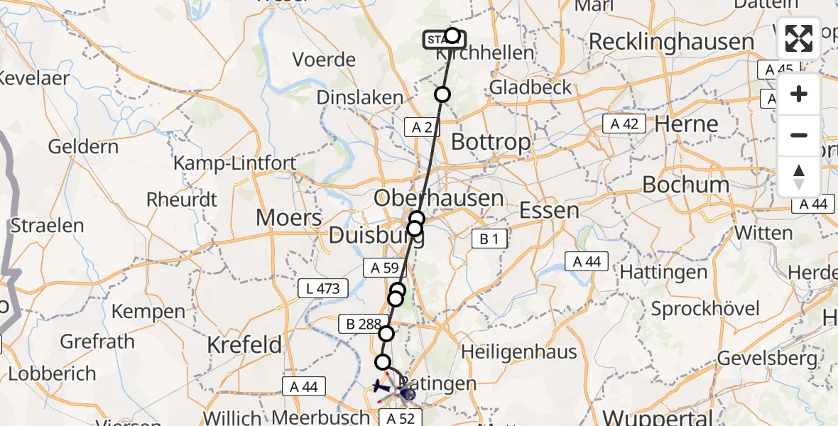 Flugroute Polizeihubschrauber Dinslaken-Schwarze Heide Flugplatz - Düsseldorf Flughafen, 26 Mai 2026, 09:33