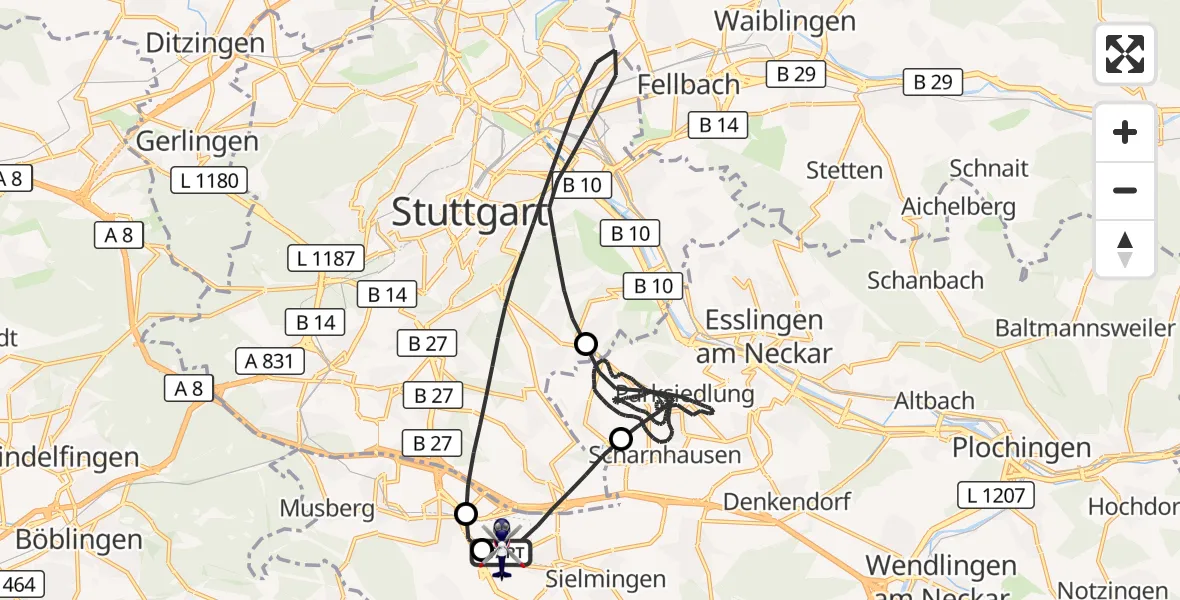 Flugroute Polizeihubschrauber Flughafen Stuttgart - Flughafen Stuttgart, 26 Mai 2026, 09:34
