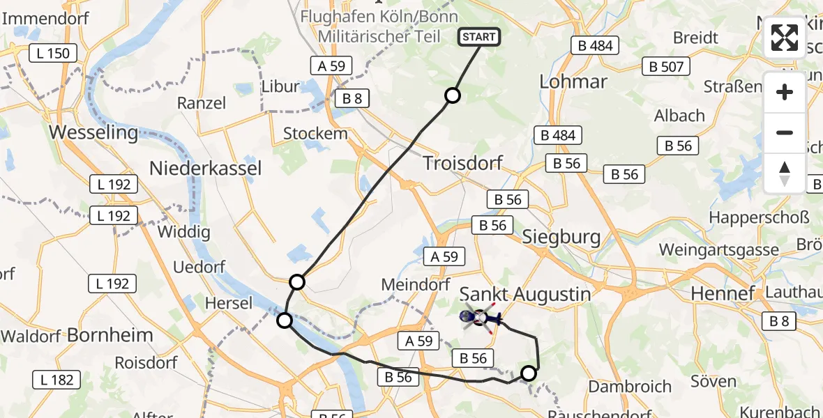 Flugroute Polizeihubschrauber Köln Bonn Flughafen - Bonn-Hangelar Flugplatz, 26 Mai 2026, 09:36