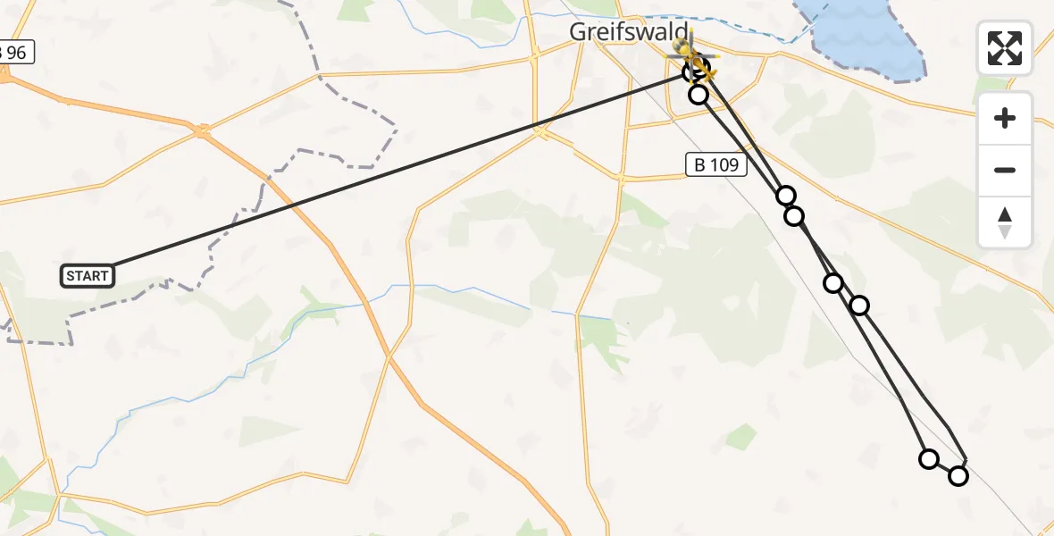 Flugroute Rettungshubschrauber Süderholz - Greifswald Hospital, 26 Mai 2026, 09:37