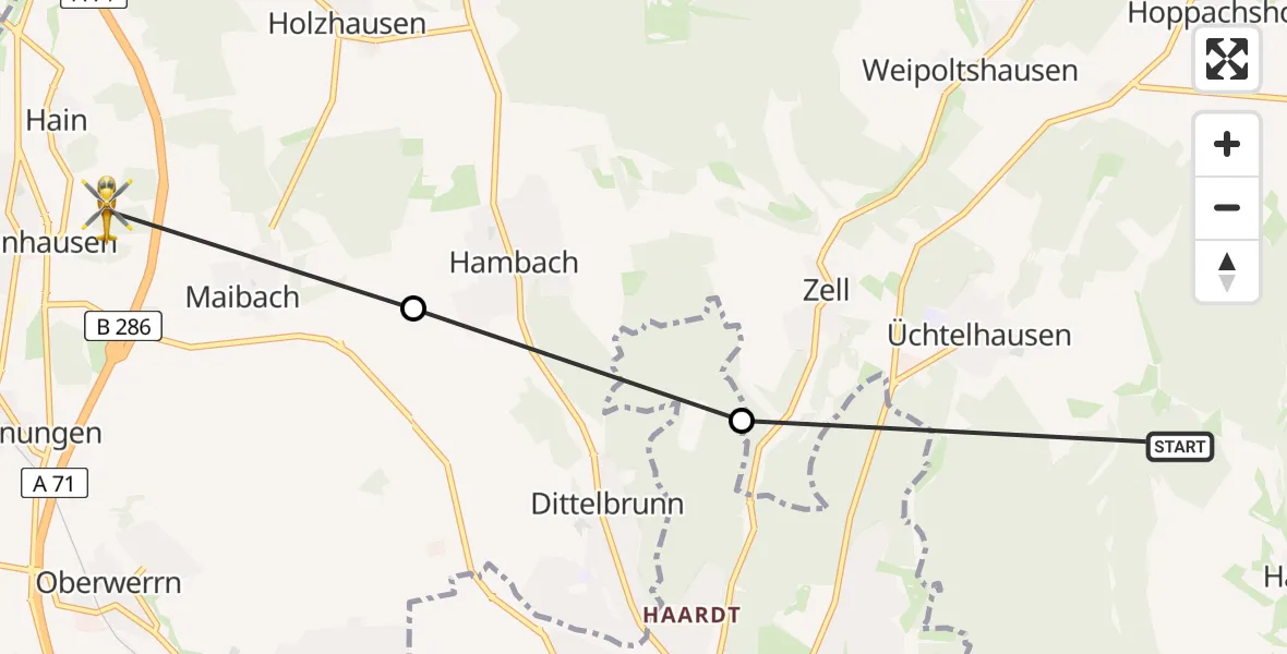 Flugroute Rettungshubschrauber Schonungen - Poppenhausen, 26 Mai 2026, 09:40