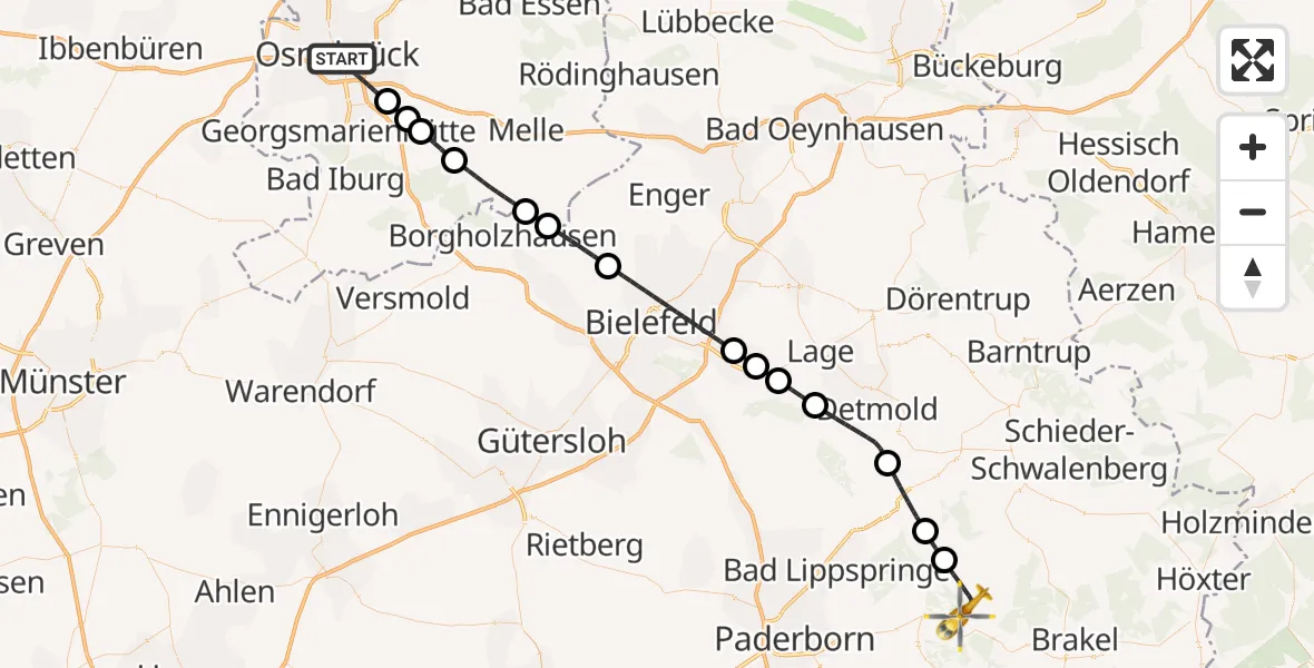 Flugroute Ambulanzhubschrauber Osnabrück - Bad Driburg, 26 Mai 2026, 09:44