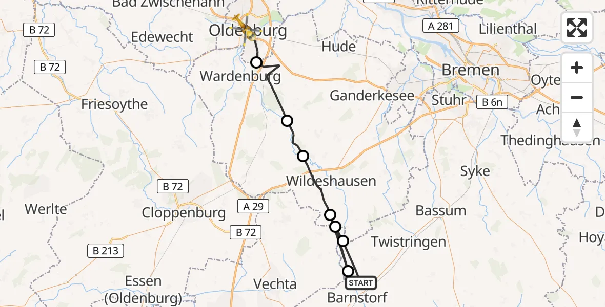 Flugroute Rettungshubschrauber Barnstorf - Oldenburg (Oldb), 26 Mai 2026, 09:46
