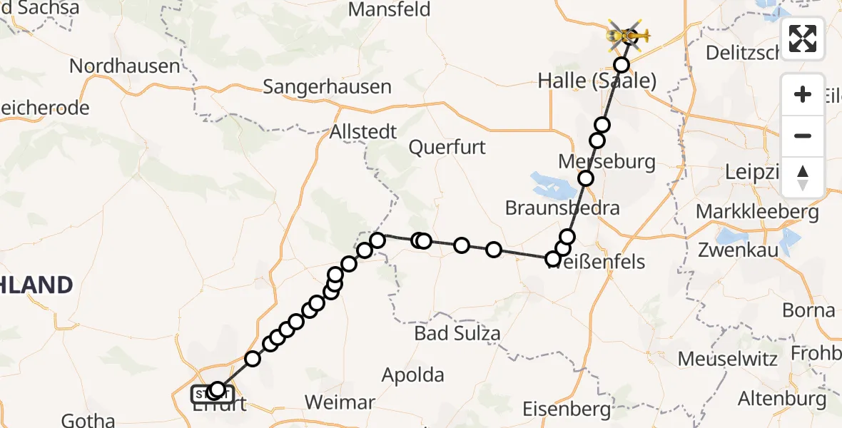Flugroute Rettungshubschrauber Helios Clinic Erfurt - Halle-Oppin Flugplatz, 26 Mai 2026, 09:52