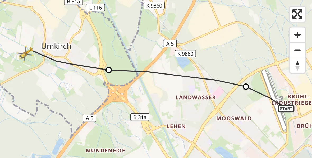 Flugroute Rettungshubschrauber Freiburg im Breisgau Flugplatz - Umkirch, 26 Mai 2026, 09:54