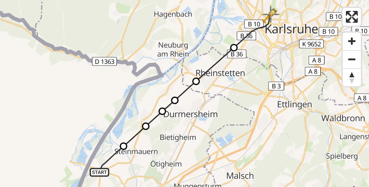 Flugroute Rettungshubschrauber Rastatt - Karlsruhe, 26 Mai 2026, 09:57