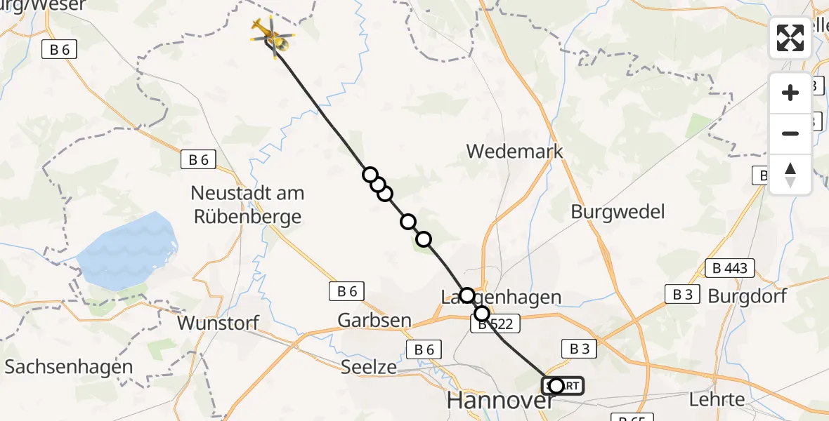 Flugroute Rettungshubschrauber Hannover Luftrettung Hubschrauberlandeplatz (Christoph 4) - Neustadt am Rübenberge, 26 Mai 2026, 10:02