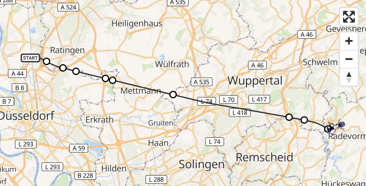 Flugroute Polizeihubschrauber Düsseldorf Flughafen - Radevormwald, 26 Mai 2026, 10:04