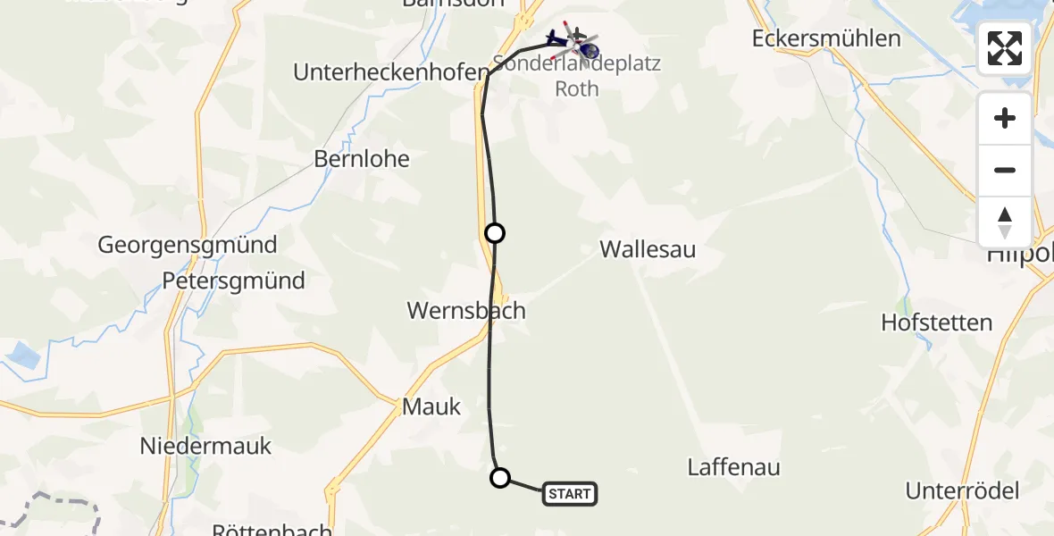 Flugroute Polizeihubschrauber Heideck - Flugplatz Roth, 26 Mai 2026, 10:05
