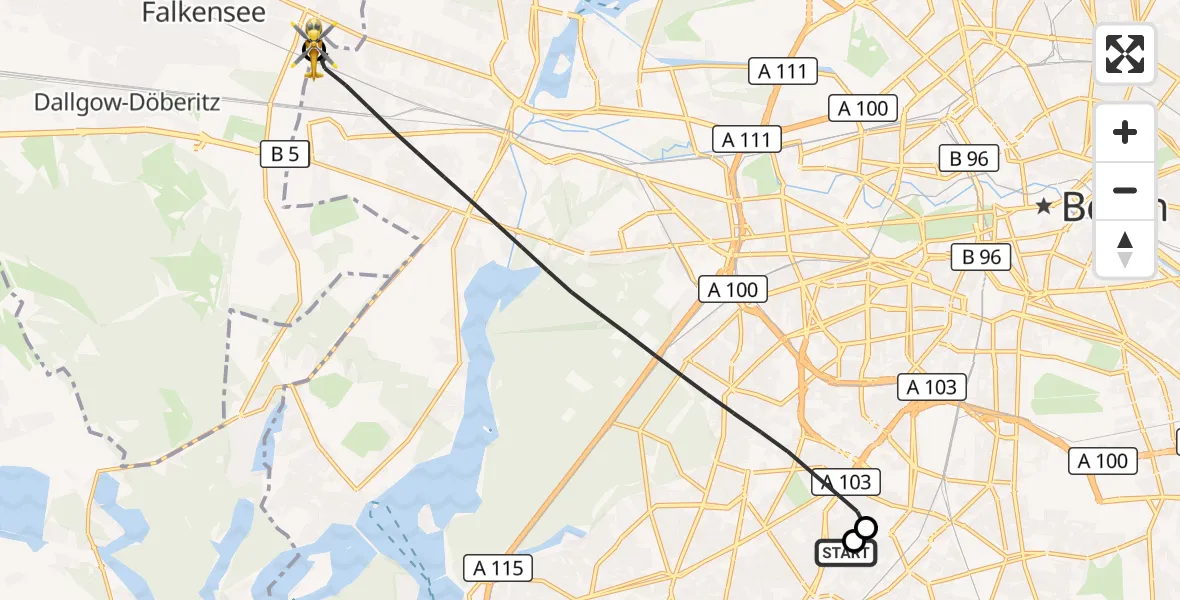 Flugroute Rettungshubschrauber Charité Clinic Benjamin Franklin Campus - Falkensee, 26 Mai 2026, 10:05