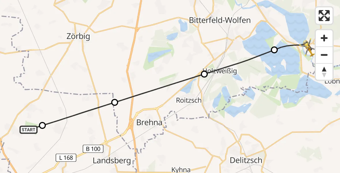 Flugroute Rettungshubschrauber Halle-Oppin Flugplatz - Muldestausee, 26 Mai 2026, 10:06