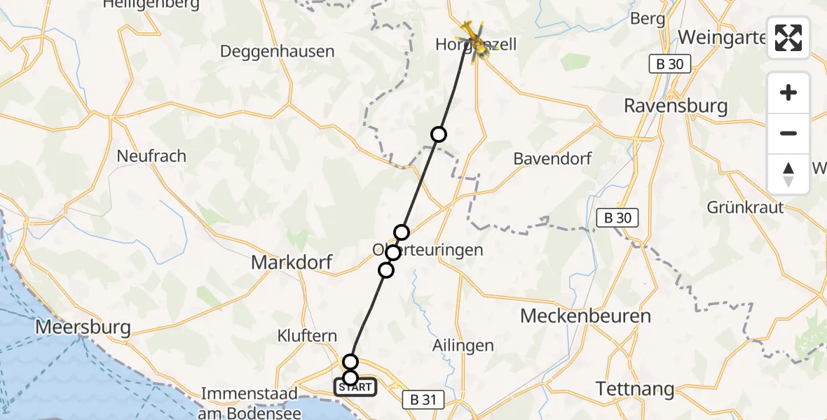 Flugroute Rettungshubschrauber Friedrichshafen Hospital - Horgenzell, 26 Mai 2026, 10:15