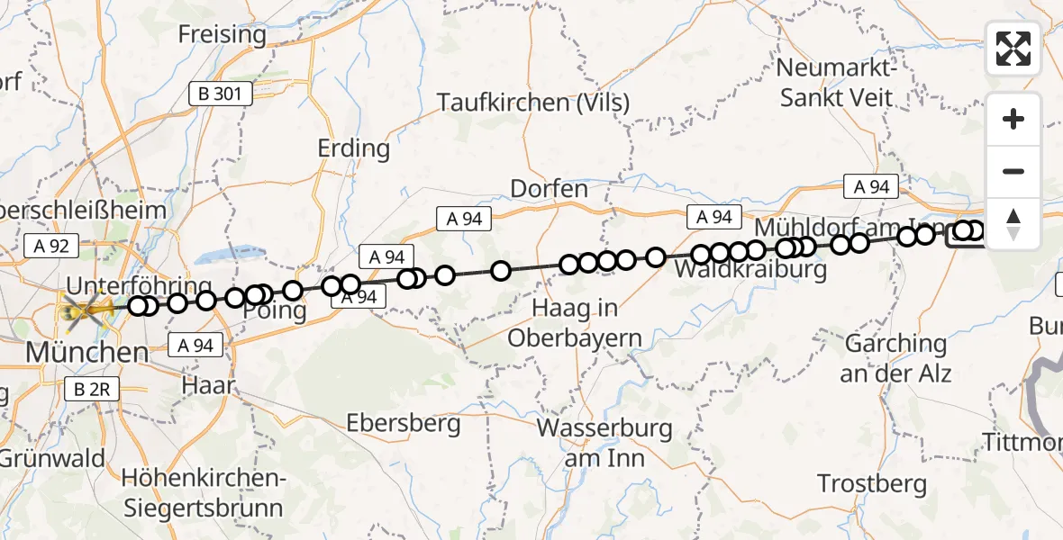 Flugroute Rettungshubschrauber Altötting-Burghausen District Hospital Altötting - München, 26 Mai 2026, 10:20