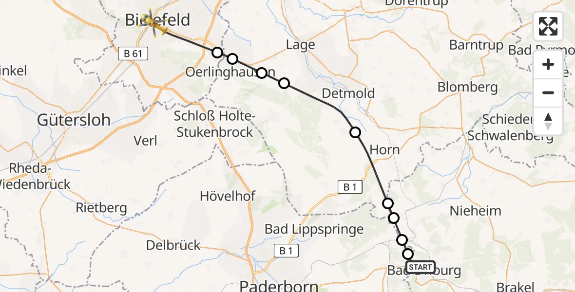 Flugroute Ambulanzhubschrauber Bad Driburg - Bielefeld, 26 Mai 2026, 10:25
