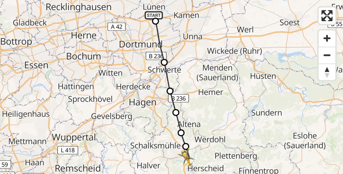 Flugroute Rettungshubschrauber Lünen - Lüdenscheid, 26 Mai 2026, 10:26
