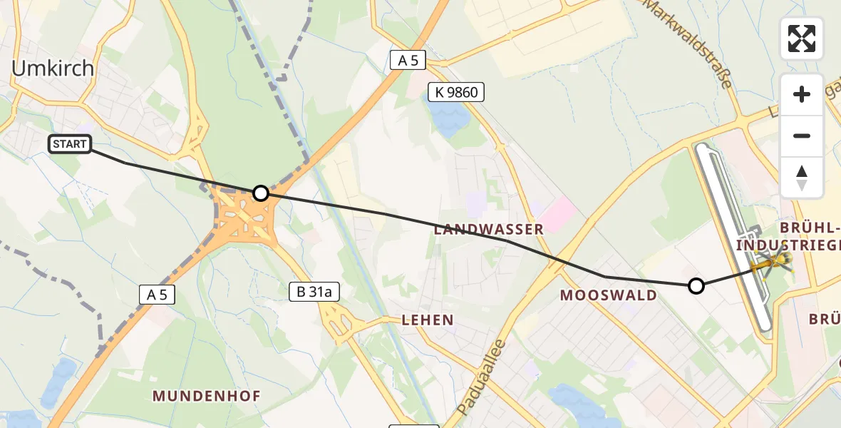 Flugroute Rettungshubschrauber Umkirch - Freiburg im Breisgau Flugplatz, 26 Mai 2026, 10:29