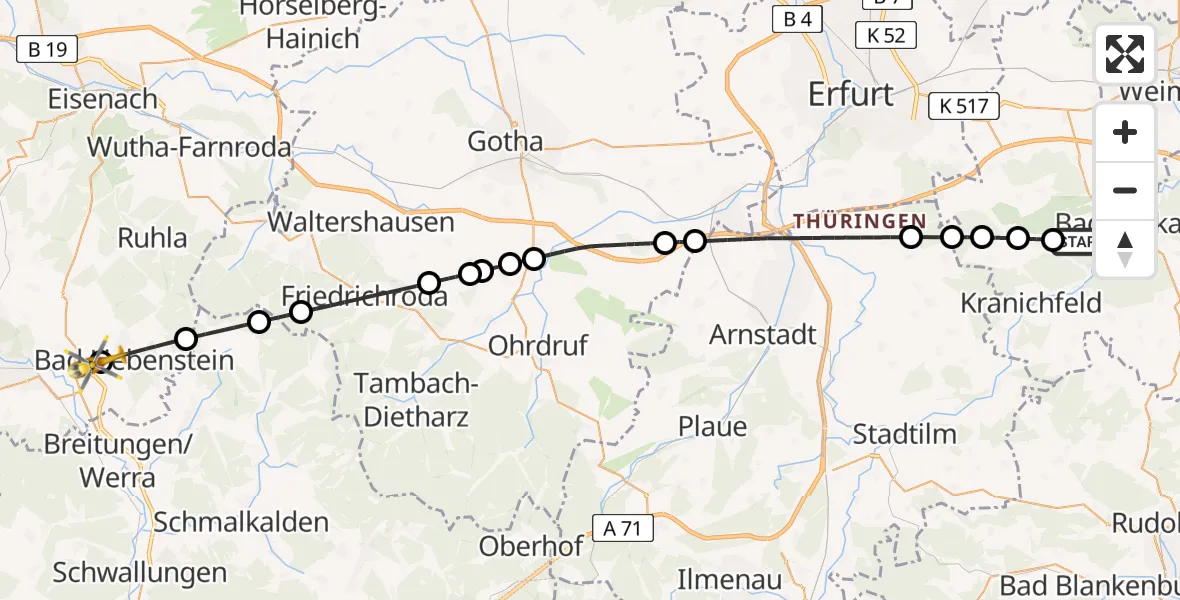 Flugroute Ambulanzhubschrauber Bad Berka - Barchfeld-Immelborn, 26 Mai 2026, 10:31
