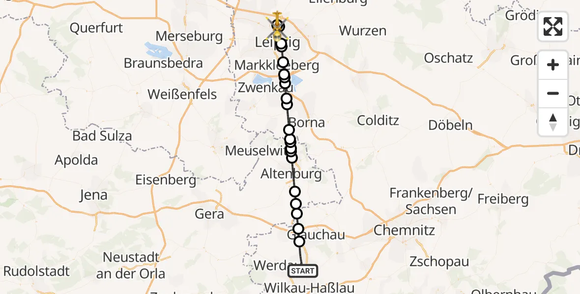 Flugroute Rettungshubschrauber Zwickau - Sankt Georg Hospital Leipzig Reserve, 26 Mai 2026, 10:33