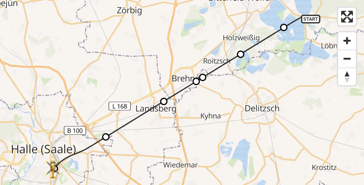 Flugroute Rettungshubschrauber Muldestausee - BG Hospital Bergmannstrost Halle, 26 Mai 2026, 10:38