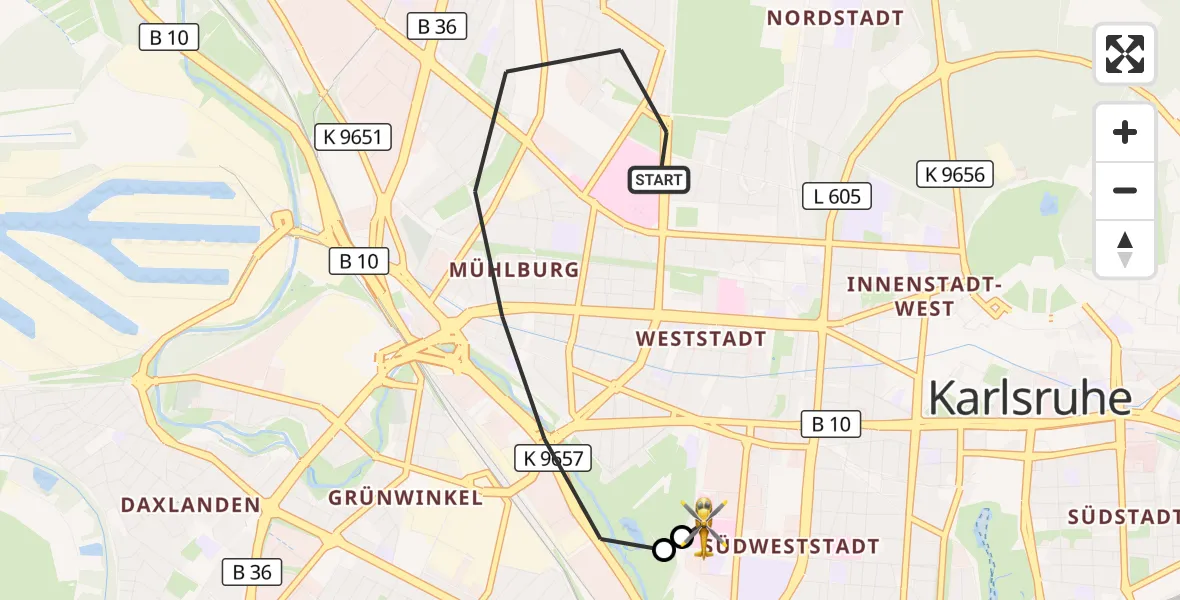 Flugroute Rettungshubschrauber Karlsruhe - Sankt Vincentius Hospital, 26 Mai 2026, 10:46