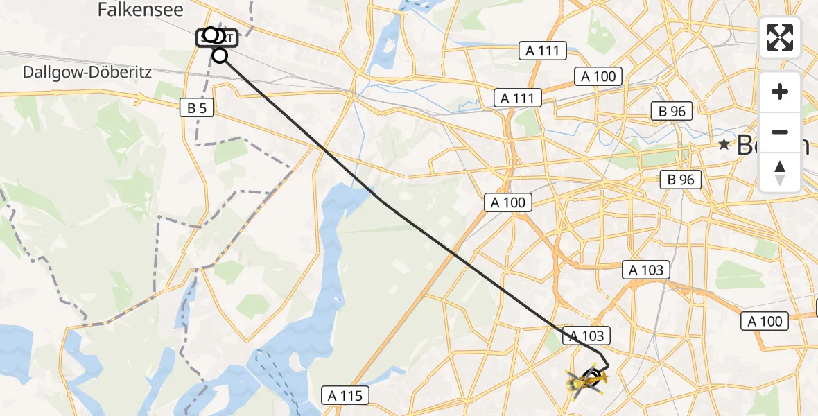 Flugroute Rettungshubschrauber Falkensee - Charité Clinic Benjamin Franklin Campus, 26 Mai 2026, 10:54