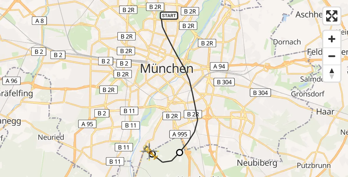 Flugroute Rettungshubschrauber München - ADAC Air Rescue Center Hubschrauberlandeplatz (Christoph 1), 26 Mai 2026, 10:54