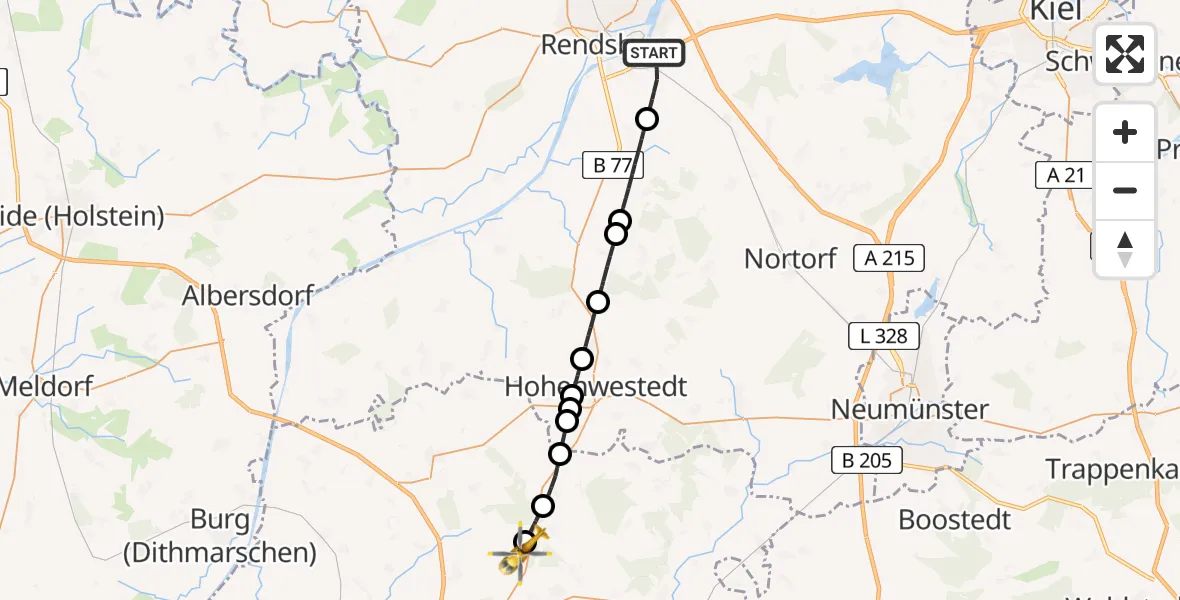 Flugroute Rettungshubschrauber Osterrönfeld - Itzehoe Hungriger Wolf Flugplatz, 26 Mai 2026, 10:54
