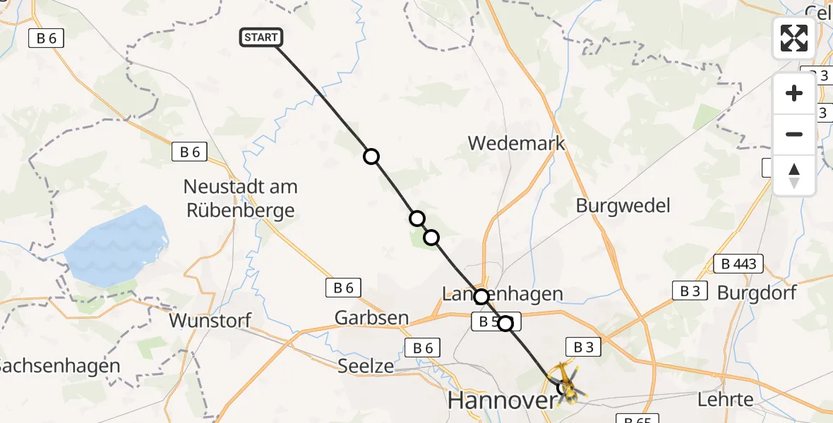 Flugroute Rettungshubschrauber Neustadt am Rübenberge - Hannover Luftrettung Hubschrauberlandeplatz (Christoph 4), 26 Mai 2026, 10:55