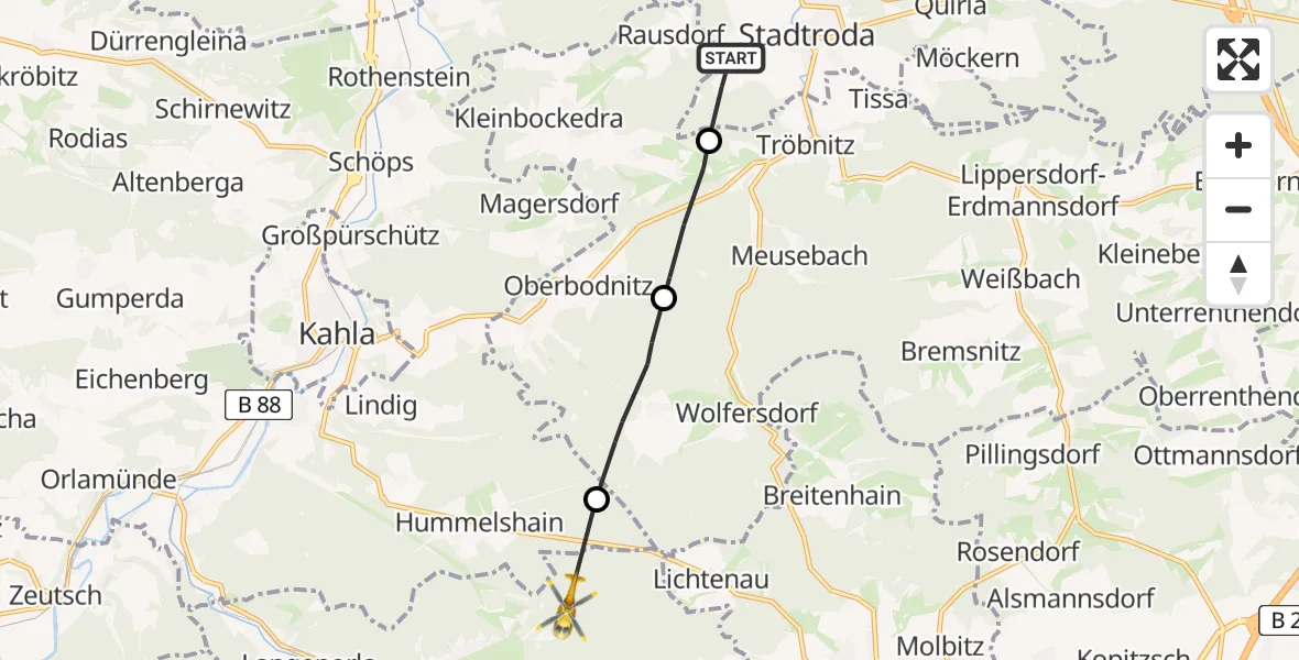 Flugroute Rettungshubschrauber Stadtroda - Langenorla, 26 Mai 2026, 10:55