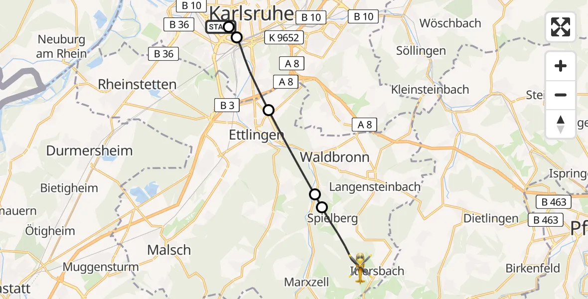Flugroute Rettungshubschrauber Sankt Vincentius Hospital - Karlsbad, 26 Mai 2026, 10:58