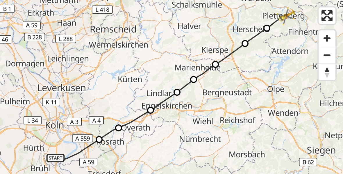 Flugroute Rettungshubschrauber Köln - Plettenberg, 26 Mai 2026, 11:01