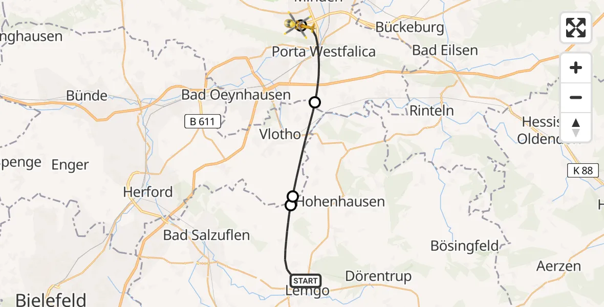 Flugroute Rettungshubschrauber Lemgo - Minden, 26 Mai 2026, 11:01
