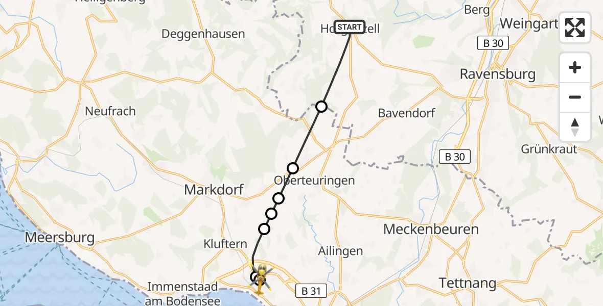 Flugroute Rettungshubschrauber Horgenzell - Friedrichshafen Hospital, 26 Mai 2026, 11:04