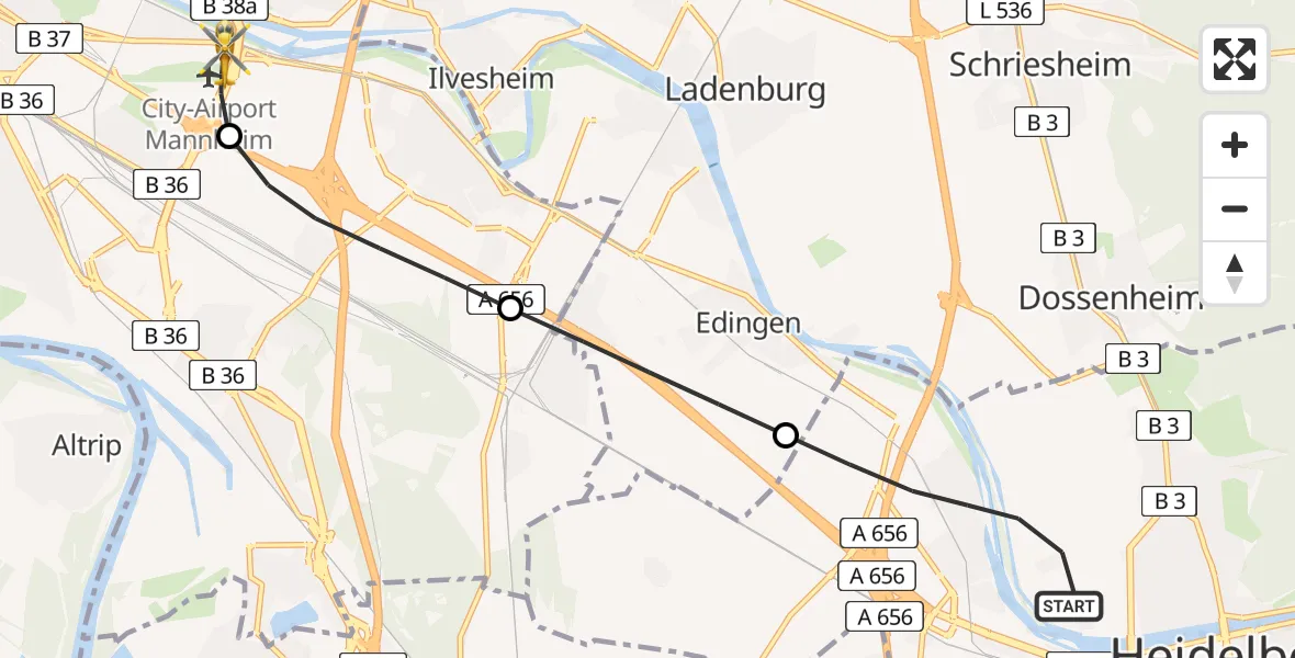 Flugroute Rettungshubschrauber Heidelberg - Mannheim-City Flughafen, 26 Mai 2026, 11:08