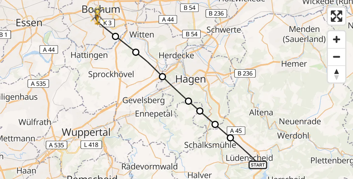 Flugroute Rettungshubschrauber Lüdenscheid - Bochum, 26 Mai 2026, 11:11
