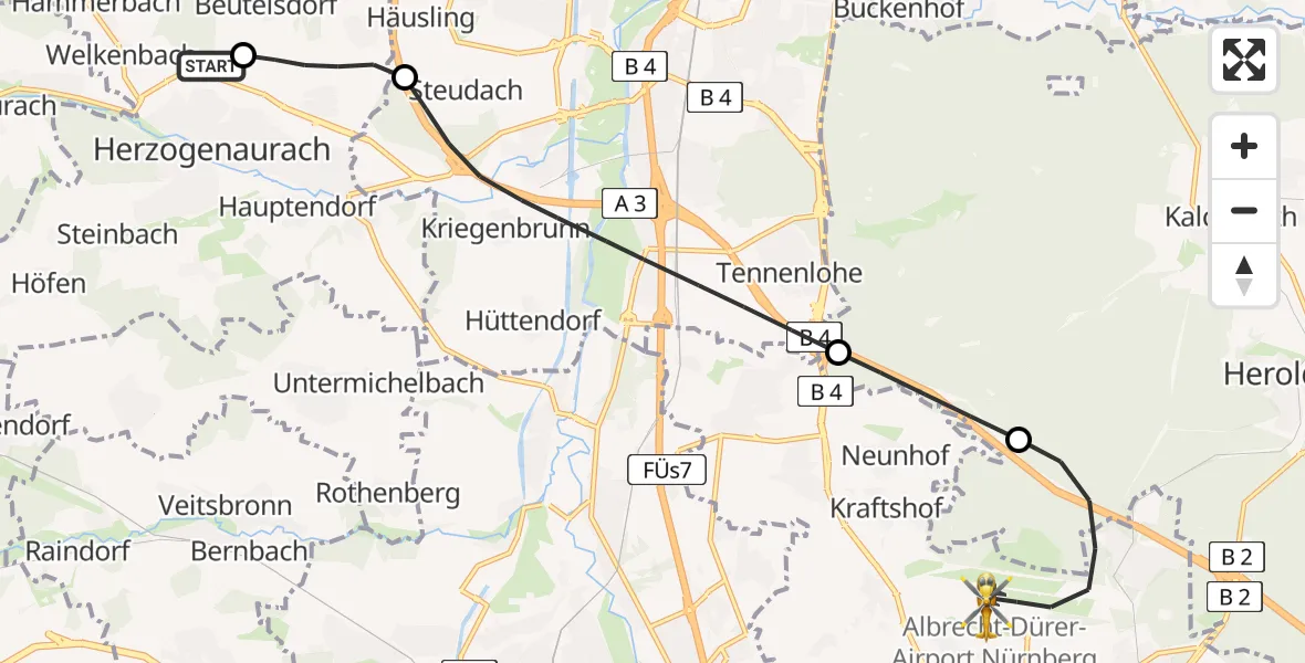 Flugroute Ambulanzhubschrauber Herzogenaurach Flugplatz - Flughafen Nuremberg, 26 Mai 2026, 11:13