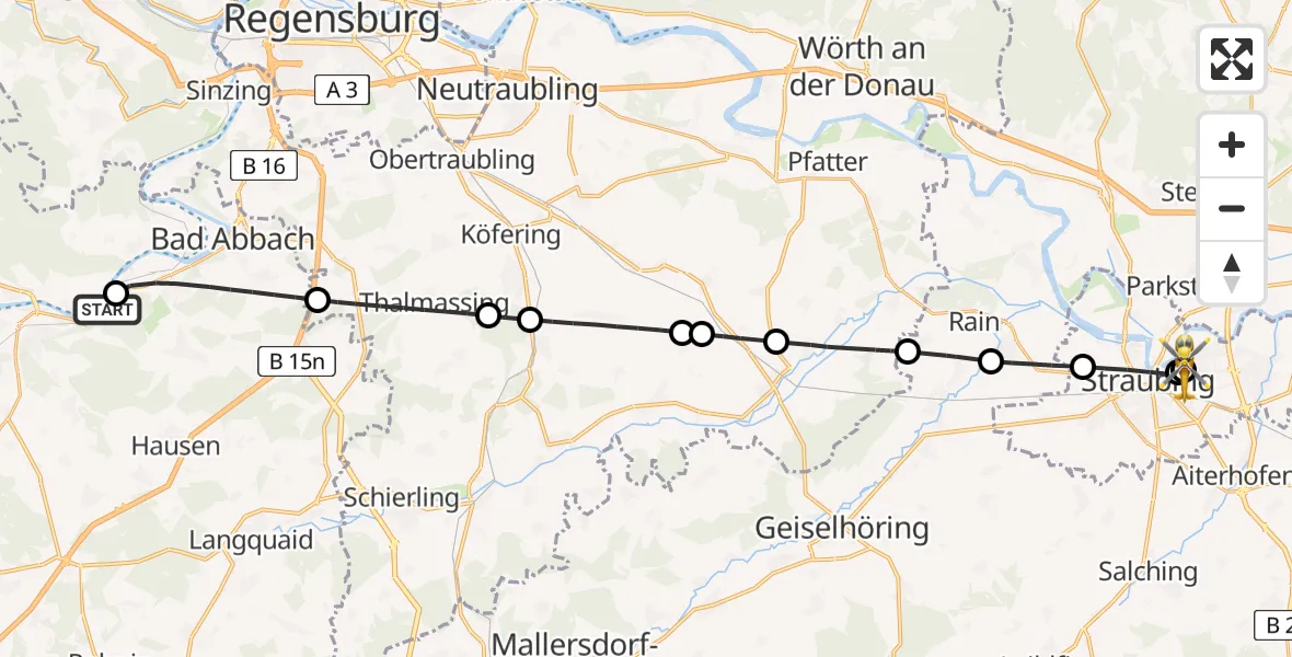 Flugroute Rettungshubschrauber Saal a.d.Donau - Sankt Elisabeth Hospital Straubing, 26 Mai 2026, 11:13