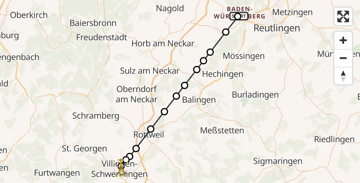 Flugroute Ambulanzhubschrauber Tübingen University Hospital - DRF Air Rescue Station Villingen-Schwenningen Hubschrauberlandeplatz (Christoph 11), 26 Mai 2026, 11:14