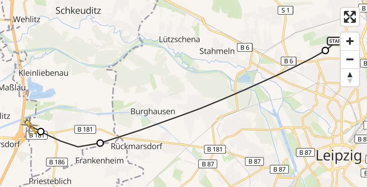 Flugroute Rettungshubschrauber Sankt Georg Hospital Leipzig Reserve - ADAC Air Rescue Station Leipzig/Schkeuditz-Dölzig Hubschrauberlandeplatz (Christoph 61), 26 Mai 2026, 11:22