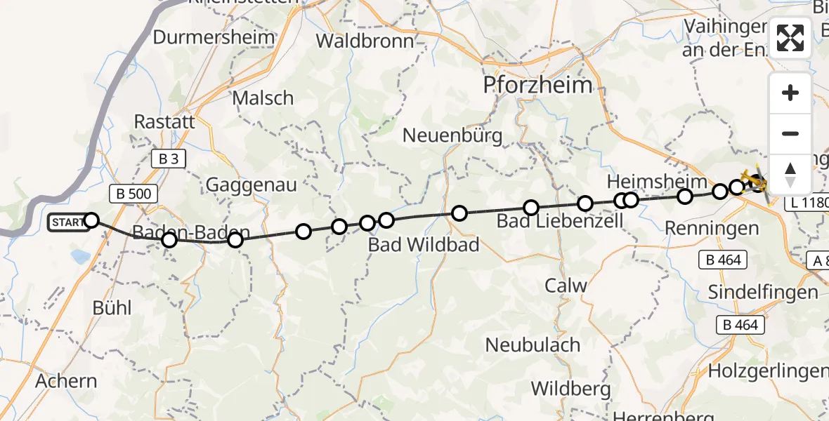 Flugroute Ambulanzhubschrauber Karlsruhe Baden-Baden Flughafen - Leonberg Hospital, 26 Mai 2026, 11:32