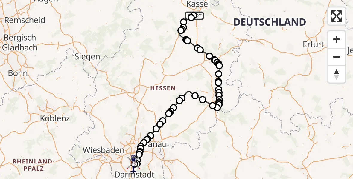 Flugroute Polizeihubschrauber Edermünde-Grifte Flugplatz - Flughafen Frankfurt-Egelsbach, 26 Mai 2026, 11:33