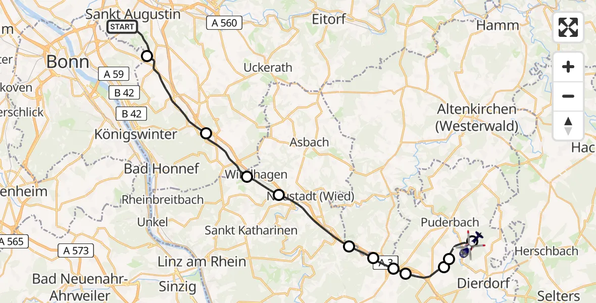 Flugroute Polizeihubschrauber Sankt Augustin - Raubach, 26 Mai 2026, 11:34