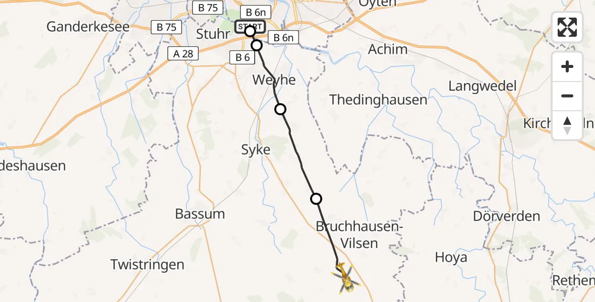 Flugroute Rettungshubschrauber ADAC Air Rescue Station Bremen Hubschrauberlandeplatz (Christoph 6) - Bruchhausen-Vilsen, 26 Mai 2026, 11:38